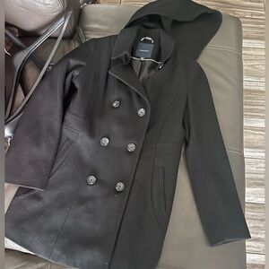 NAUTICA Women’s Large Black Peacoat Excellent Condition removable hoodie